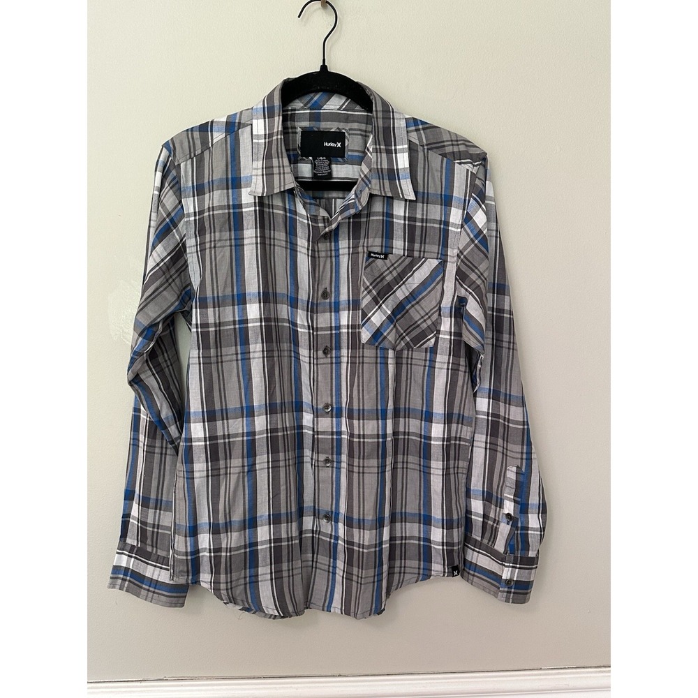 Hurley Button-Up Shirt Mens Large Chest Pocket Plaid Black‎ Blue White Preowned